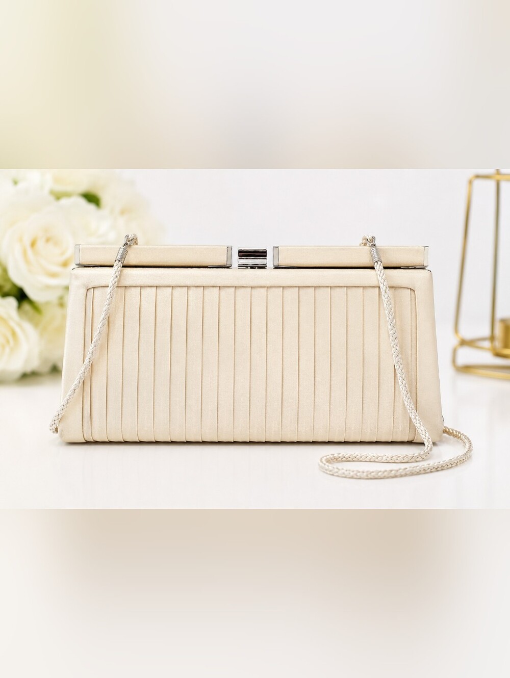 Apt. 9 Ivory Satin Pleated Evening Clutch Purse Formal Wedding Shoulder Bag